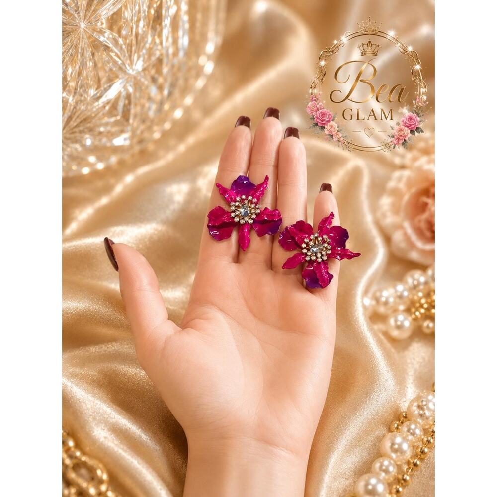 Betsey Johnson Orchid Flower Earrings, Hand-Painted Enamel, Crystal Studs - Picture 3 of 5